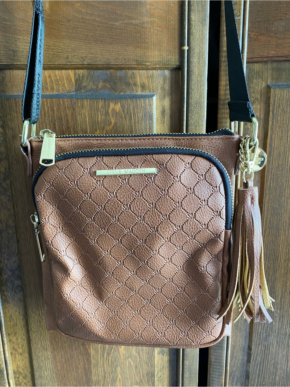 Steve Madden Brown Textured Crossbody with Tassel and Black Canvas Strap